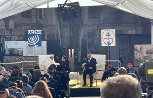 Pope Francis attends a meeting with the Jewish community in Rybné Square in Bratislava, Slovakia, Sept. 13, 2021. Papal visit pool.